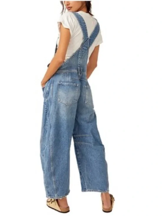 Free People We The Free Good Luck Barrel Overalls XL NWT Ultra Light Beam Denim - Picture 5 of 7